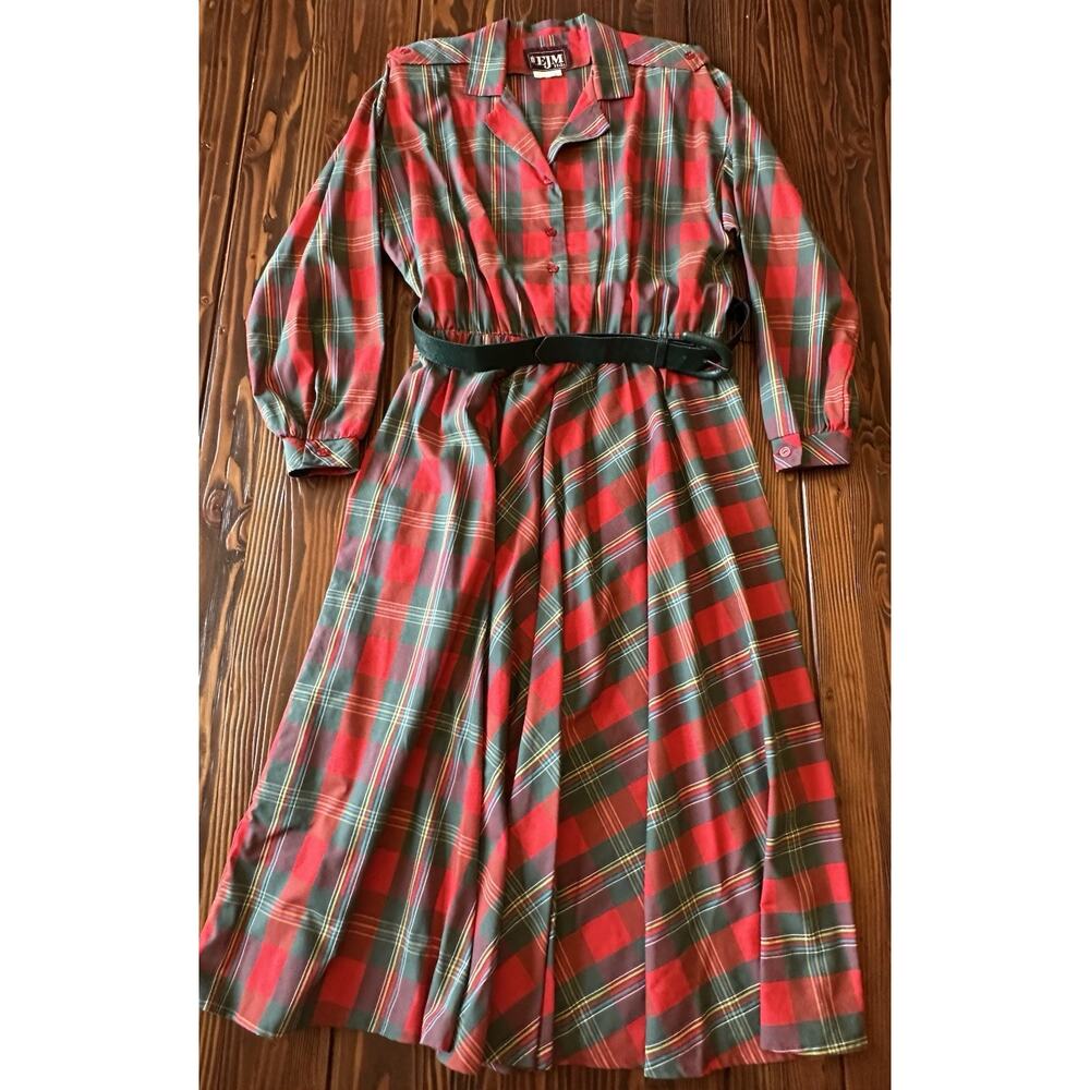 Vintage EJM Plaid Dress Size 18 Red Green Belted Midi Holiday